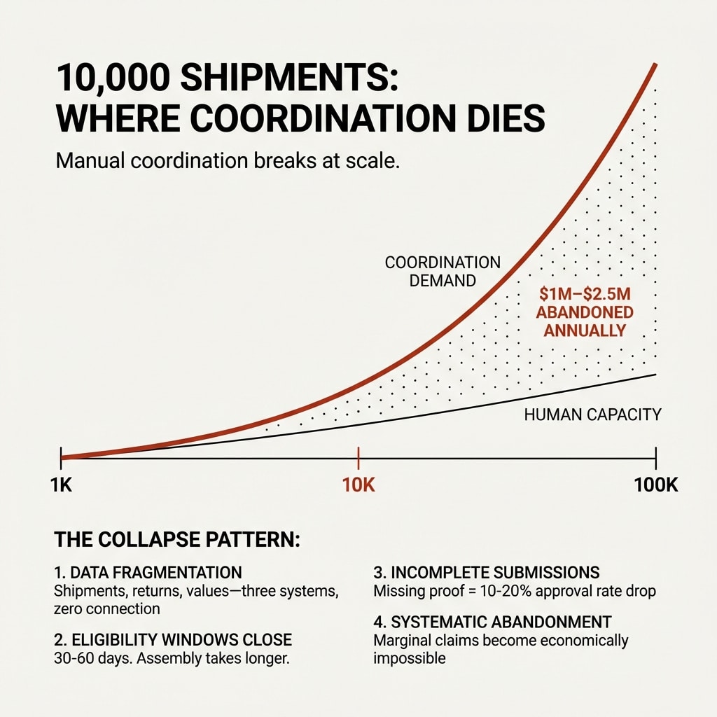 A line graph shows Coordination Demand increasing exponentially with more weekly shipments, far surpassing Human Capacity. Text explains issues—like reliance on spreadsheets—that cause annual losses of $1M–$2.5M in logistics coordination for large scale shipments.