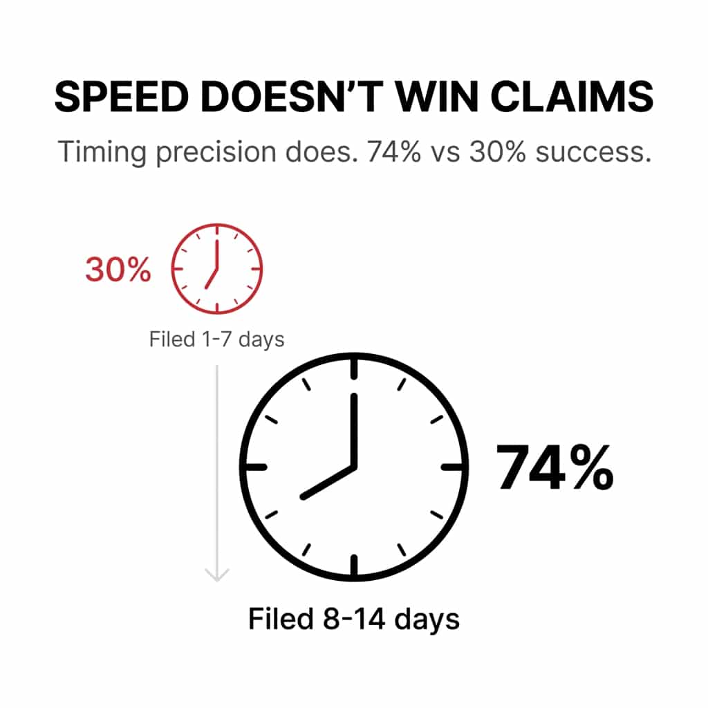 Infographic showing that claims filed in 8 14 days have a 74% success rate, while claims filed in 1 7 days have a 30% success rate. Text emphasizes timing precision over speed.