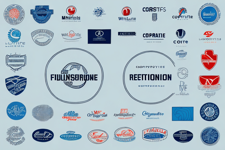 A collection of vintage-style logos, showcasing successful designs embraced by companies for customer retention. Arranged on a light blue background, the logos feature circles, ovals, and shields with decorative text in various languages.