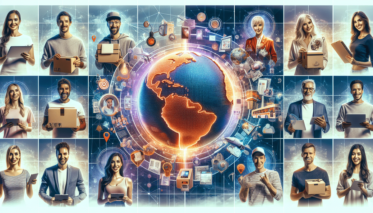 A collage of influential people holding packages surrounds a digital globe at the center. The globe is connected by lines and icons symbolizing e-commerce and global communication. The background is a network of digital elements, highlighting worldwide connectivity.