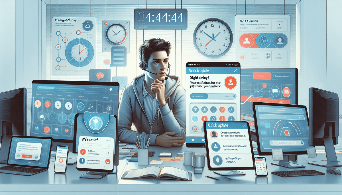 In a futuristic control room, a person expertly navigates multiple screens and digital interfaces. Wearing a headset, they orchestrate customer communication through gadgets displaying graphs, updates, and notifications, embodying the high-tech rhythm of this fast-paced environment.