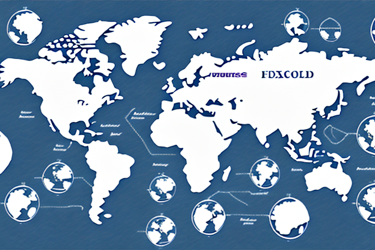 A stylized world map displays continents in white on a blue background, featuring nodes and lines across the Arctic and Russia. Labeled VDNurse and F.D.X. Cold, with references to FedEx Country Codes, circular insets encircle the main view, adding depth to this comprehensive depiction.