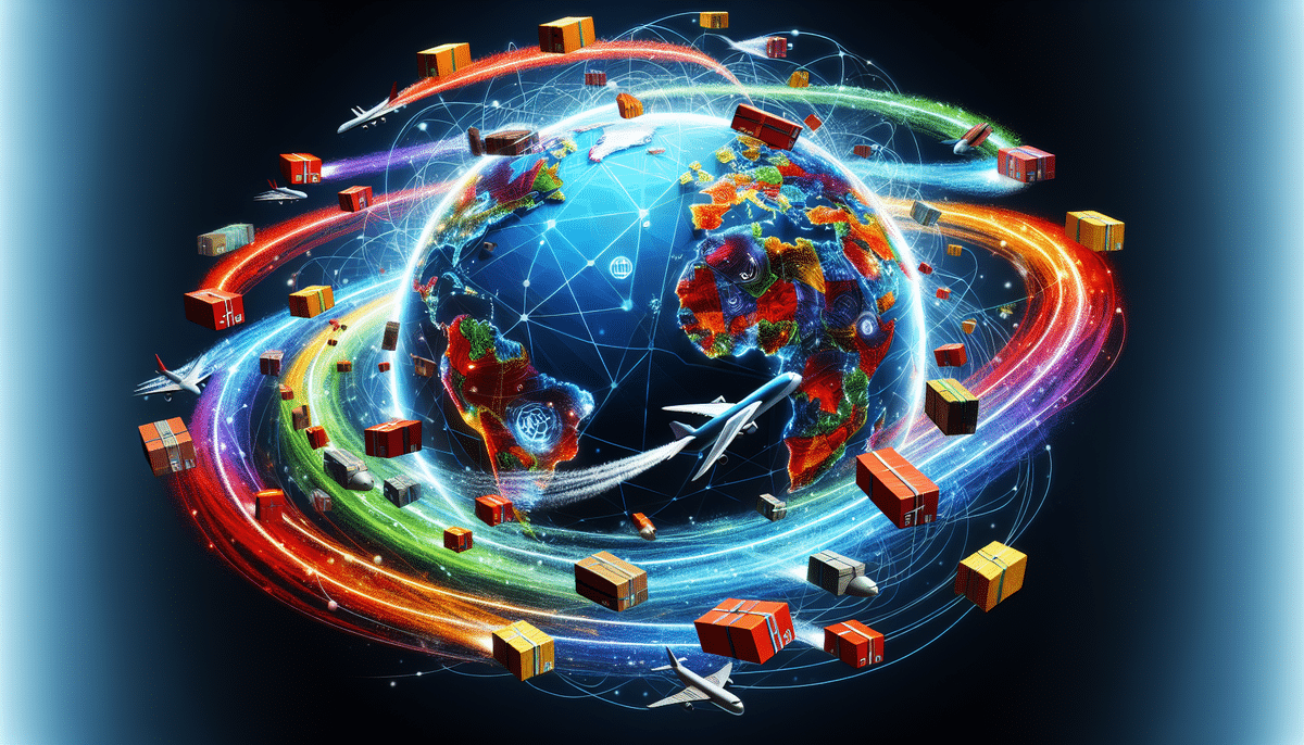 A vibrant digital illustration of Earth surrounded by dynamic swirling light trails. Various vehicles, like FedEx planes and cargo boxes, orbit the globe, symbolizing global trade and connectivity. The dark background enhances the vivid colors, reflecting seamless transit times and service availability.