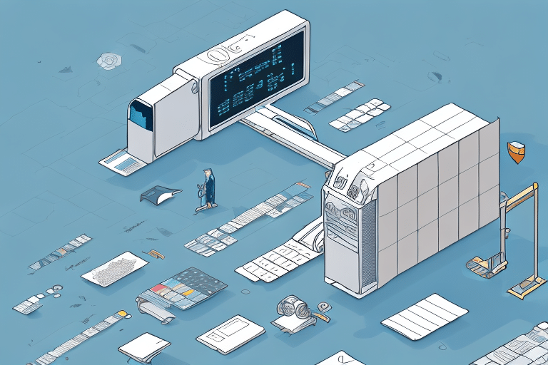 An isometric illustration of a futuristic printer-scanner device on a blue background, surrounded by various paper sheets, rulers, and digital screens, with UPS WorldShip software visible on one screen and a small person for scale.