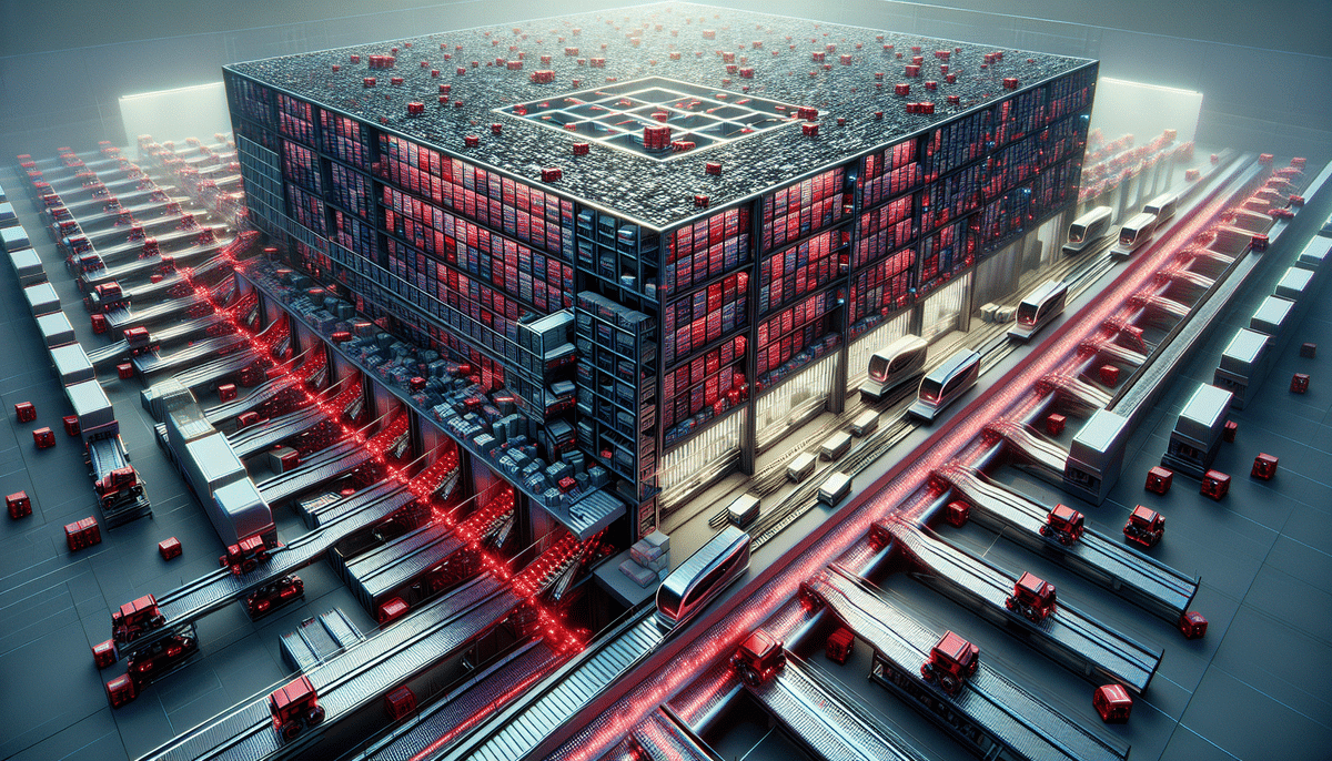 The futuristic warehouse resembles a grand cubic structure, akin to a Knapp system, surrounded by automated vehicles and red-lit pathways. Its grid-patterned exterior and interior mirror a sophisticated AutoStore, showcasing an advanced high-tech distribution network.