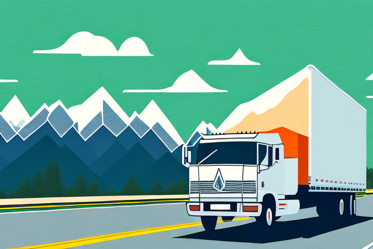 Illustration of a contract carrier truck driving along a highway with snow-capped mountains in the background and a clear blue sky. The truck features a stylized mountain design on its trailer, symbolizing its journey through breathtaking terrains.