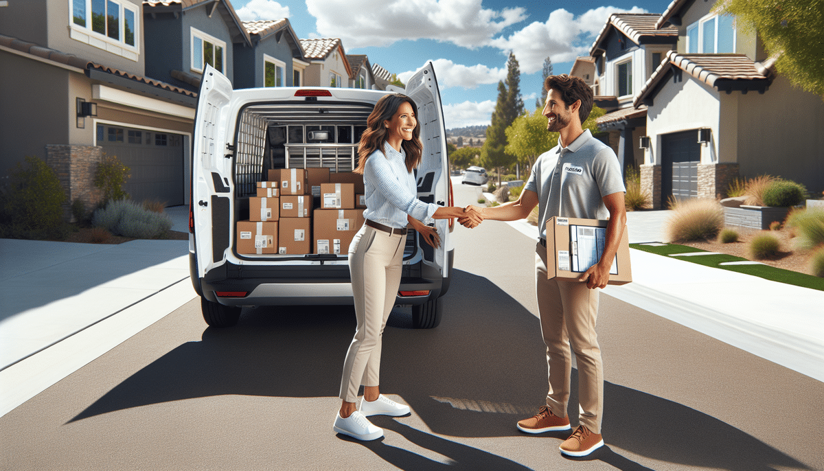 A woman shakes hands with a Dropoff Driver next to an open van filled with boxes on a suburban street. She holds a clipboard while he carries a package. Both are smiling, with modern houses in the background under a clear blue sky, showcasing the charm of becoming a driver.