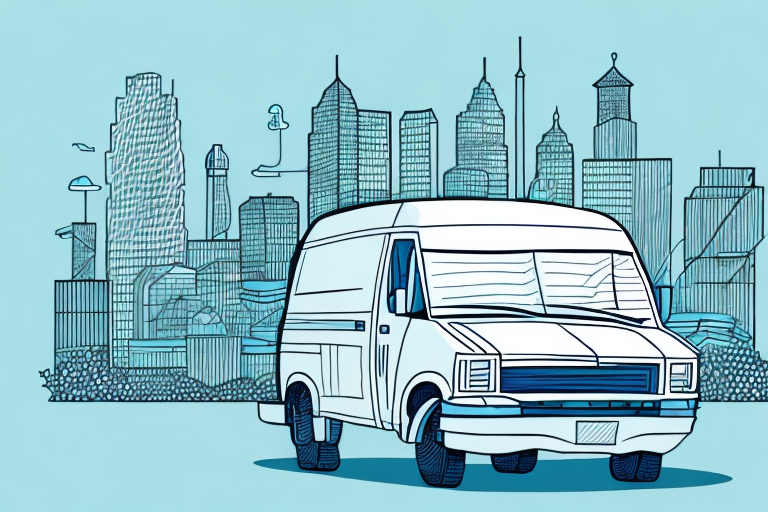 Illustration of a white van in the foreground with a sketched city skyline in the background against a light blue sky. Various tall buildings and towers are visible, capturing the busy urban atmosphere where one might become a courier or work as a dropoff courier driver.