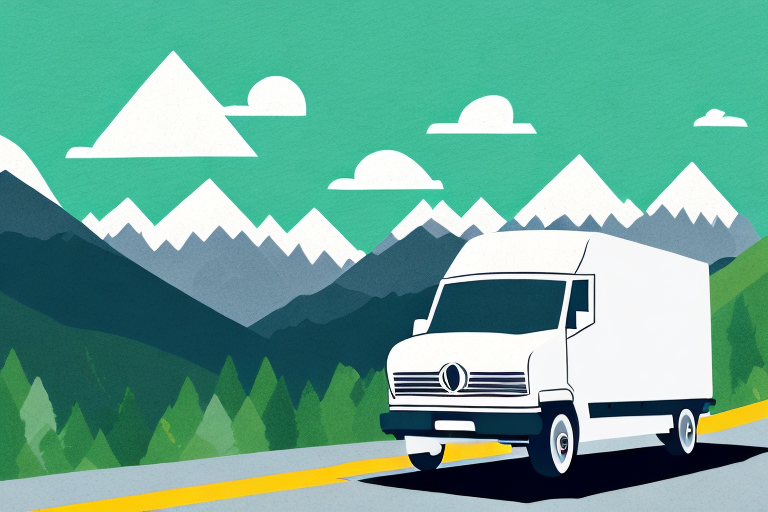 Illustration of a white delivery truck driven by an independent courier, cruising along a road with snow-capped mountains and green forests in the background, all set against a teal sky with scattered clouds.
