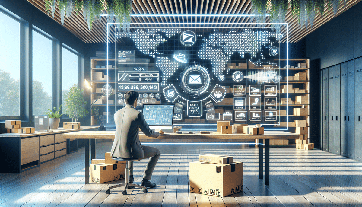 In a modern office, a person efficiently manages global logistics with a futuristic digital interface displaying maps, charts, and icons. USPS shipping insurance ensures secure delivery of the scattered boxes on the floor, while the room is bright with natural light and ceiling greenery.