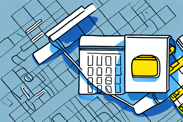 An abstract illustration featuring geometric shapes and lines in blue, white, and yellow. At the center is a large square with a yellow oval, resembling the perfect shipping box size, surrounded by overlapping rectangles and a grid background.