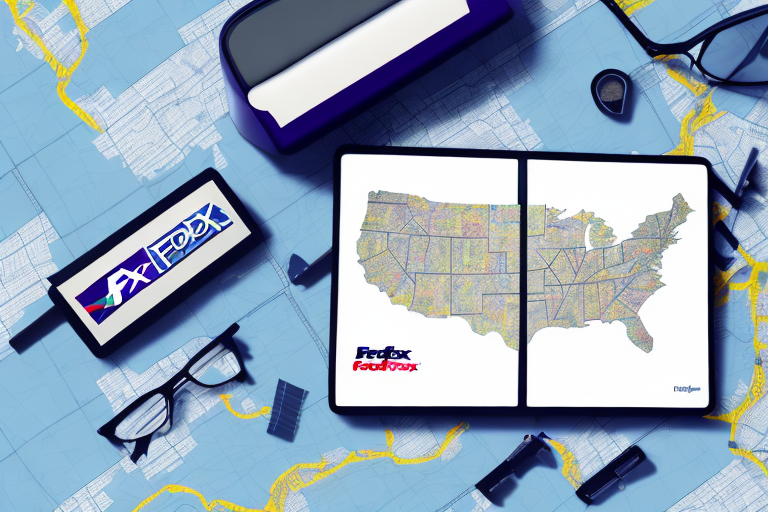 A map of the United States displayed on a tablet lies on a table, surrounded by reading glasses, pens, a magnifying glass, and a stamp with FedFox branding. A blue map serves as the tables backdrop, subtly suggesting efficiency akin to using a FedEx Transit Time Calculator.