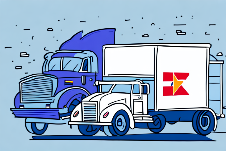 Illustration of two cartoon trucks against a light blue background. The truck on the left is purple with a prominent front, while the right one features a white design with FedEx Shipping Times red and orange star logo on its side. Simple, stylized design with bold outlines.