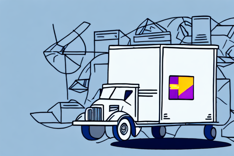An illustration of a white moving truck with a small window displaying a colorful geometric design, set against a blue background with abstract shapes, evokes the precision of calculating FedEx Ground travel time while conveying movement and modernity.