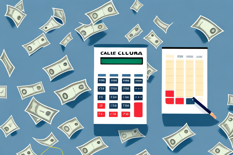 A digital illustration features an easy calculator with random symbols, a financial ledger with a pen, and various paper bills scattered against a blue background, symbolizing effortless financial calculations and money management.