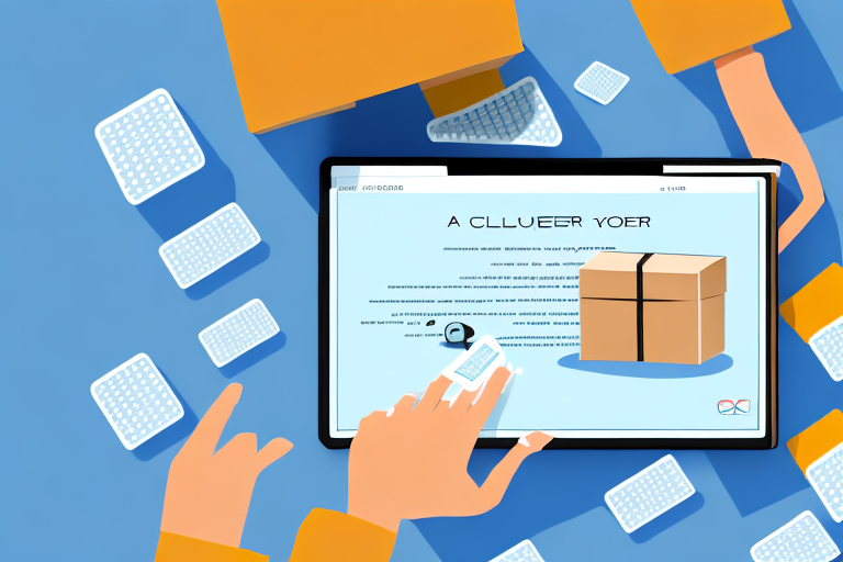 Hands interact with a tablet displaying a package delivery webpage, offering an estimate of courier costs. Packages and envelopes surround the scene, suggesting online shopping or delivery services.
