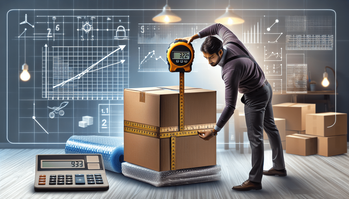 A man measures the girth of a stacked box with a tape, as a digital scale reads 22.3 above. In the foreground, a calculator flashes 99.3. A digital overlay displays graphs and mathematical formulas, embodying the precision of logistics and calculating efficiencies.