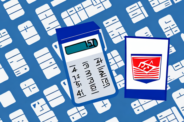 An illustration of a USPS Insurance Rates calculator with displayed numbers next to a card featuring a stylized design, set on a blue background with white geometric shapes.