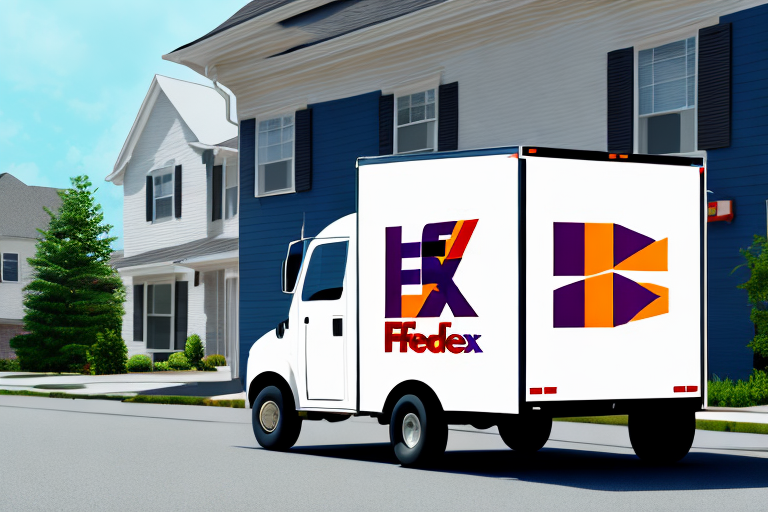 A FedEx delivery truck parked on a residential street under a clear blue sky, ready to leave a package at the door of one of the suburban houses. The truck features the FedEx logo prominently on its side.