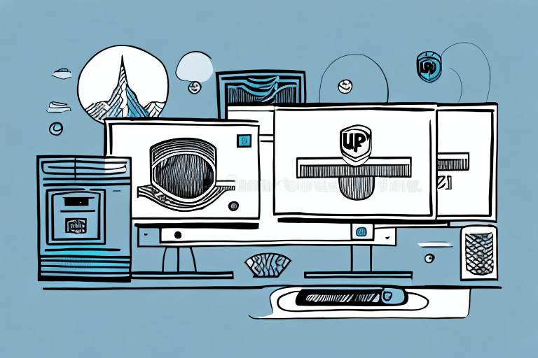 An abstract illustration of a futuristic workspace showcases multiple devices with large computer screens and digital elements against a blue background. The design, reminiscent of UPS WorldShip systems, includes tech symbols and geometric shapes, suggesting a high-tech, digital environment.
