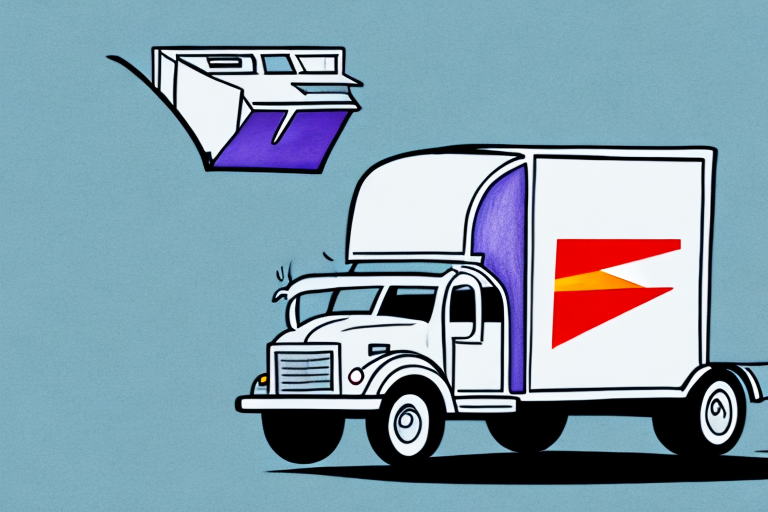 A cartoon-style illustration features a white delivery truck with a red arrow logo resembling FedEx SmartPost. The truck is open at the back, and a large envelope with an open flap is flying towards it for pick-up against a solid blue background.
