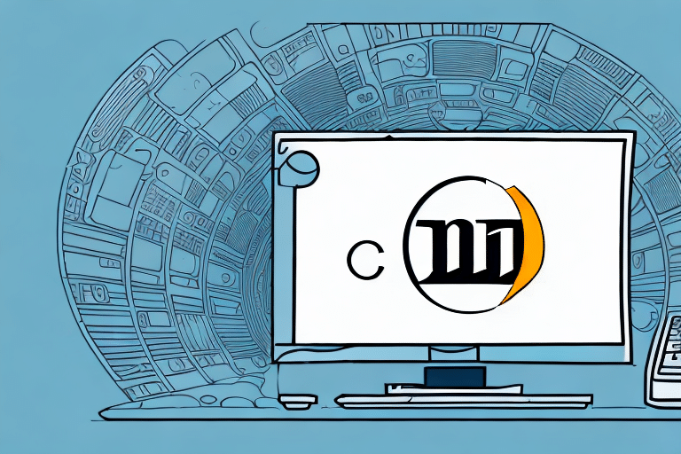 A computer monitor displays a stylized letter M with an orange crescent shape. The background, reminiscent of UPS WorldShip software, features outlines of various electronic devices, creating a tech-themed appearance. A blue color scheme dominates the setting.