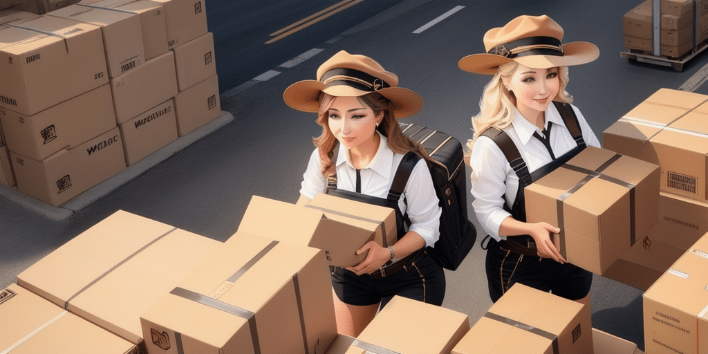 Two women in uniforms and hats, carrying cardboard boxes, are standing on a road, likely organizing shipments using UPS WorldShip. They are surrounded by stacks of similar boxes, efficiently managing what appears to be multiple accounts. The background features more boxes and a road with lane markings.
