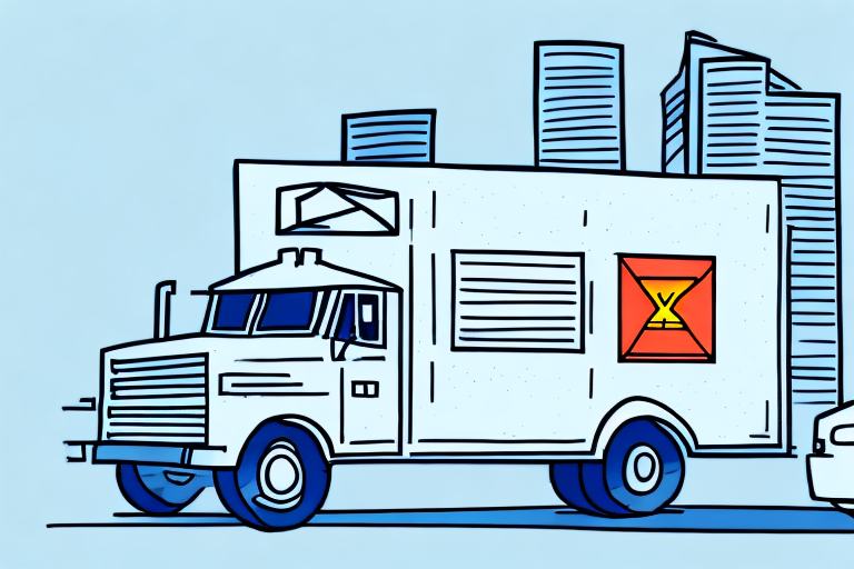 Illustration of a white food truck with a colorful design on the side, parked against a cityscape backdrop of tall buildings under a blue sky, reminiscent of a citys bustling post office scene.