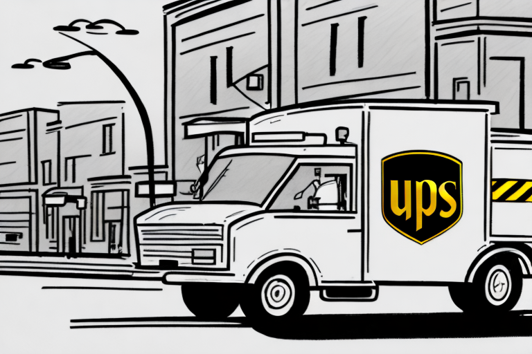 A black and white illustration of a UPS delivery truck driving on a city street, perhaps making a weekend delivery. Buildings and streetlights are visible in the background, with the truck featuring the recognizable UPS logo on its side.