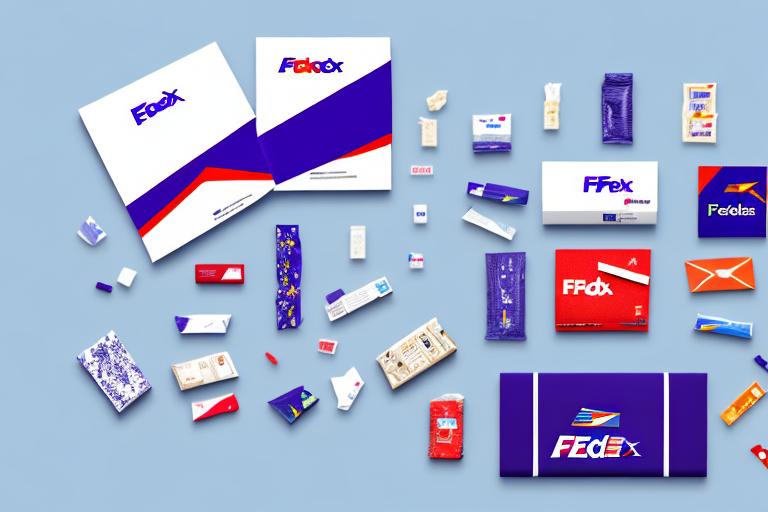 Various FedEx shipping boxes and materials, along with USPS packages, are spread across a light blue background. The items vary in size and design, featuring the FedEx logo prominently in purple, orange, and red colors. Explore diverse shipping options tailored for your every need.