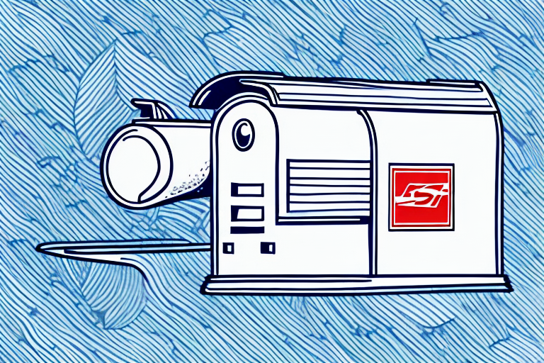 Illustration of a stylized vintage camcorder with a red logo, set against a blue and white abstract background, reminiscent of the classic design seen on Priority Mail Boxes.