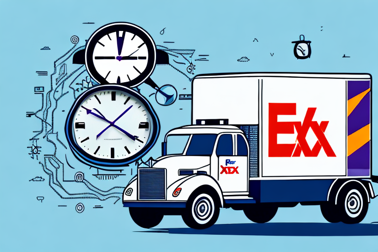 A delivery truck adorned with the Exx logo is parked beside two large clocks, set against a blue background. The clocks, with their prominent gears and hands, symbolize efficiency, much like FedEx—ensuring timely deliveries and constantly checking for any delayed status.