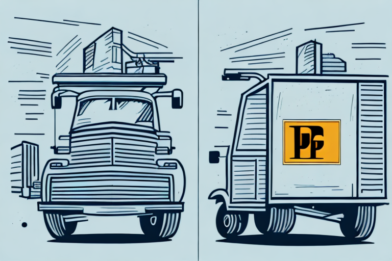 An illustration captures a stylized truck split into two perspectives. The left side, reminiscent of a UPS delivery van, features bold lines on the front view; the right side displays the back with a PF logo in a yellow square, drawing attention to its unique cost comparison design.