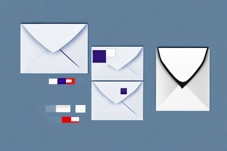 A set of different white envelopes of various sizes is displayed on a blue background. Each envelope is sealed, with two featuring USPS rectangular labels in red, blue, and white. Additionally, small colored rectangular objects are placed beside the envelopes.