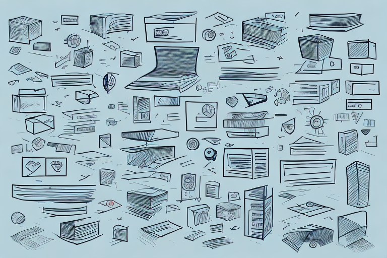 A chaotic array of hand-drawn office-related icons on a blue background, featuring laptops, folders, and documents intertwined with symbols of technology and organization. Amidst this visual jumble, hints of comparing courier service prices peek through in the form of tiny price lists and delivery trucks.