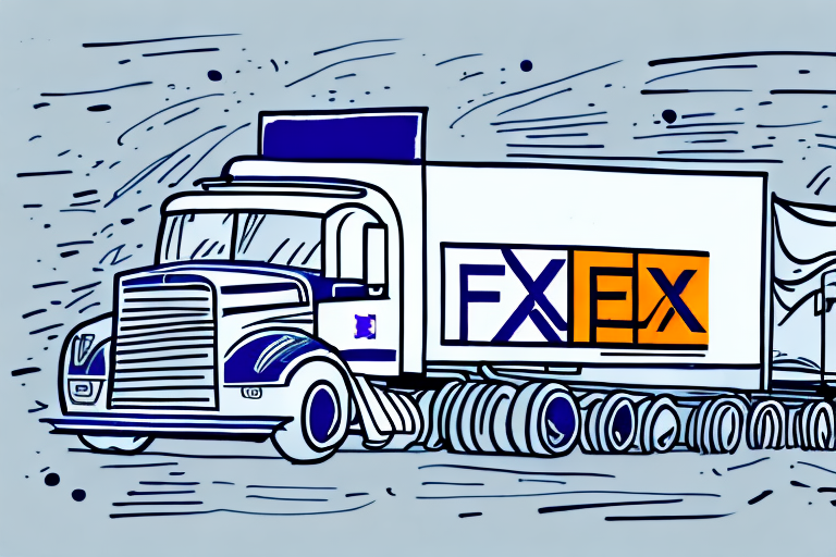 Illustration of a delivery truck with the FXEX logo on the side in a stylized cartoon design. The truck speeds along, dynamic lines suggesting motion, much like when comparing accounts such as a FedEx Business Account or FedEx Personal Account for tailored delivery solutions.
