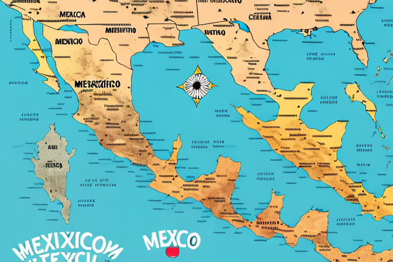 A colorful illustrated map of Mexico and Central America, featuring stylized names for regions and cities. The map includes landmarks, decorative elements like a compass rose, and bright blue ocean. Perfect for planning adventures or calculating shipping rates with precision across the region.