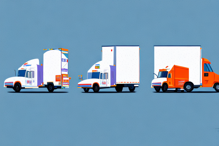 Illustration of three colorful delivery trucks in profile view, including one featuring FedEx Priority Overnight branding. Each truck boasts a unique design and logo on a plain blue background. The trucks are arranged from left to right, showcasing their varying shapes and sizes.