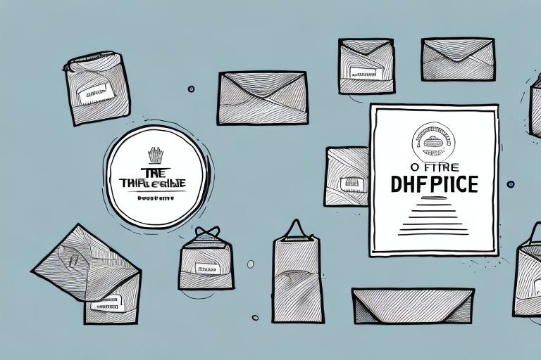 An illustration of various envelopes and packages scattered on a blue background, featuring a large document labeled Office among the items. The scene includes circular logos with indistinct text, hinting at global shipping giants like UPS or USPS facilitating Large Heavy Parcel Shipping.