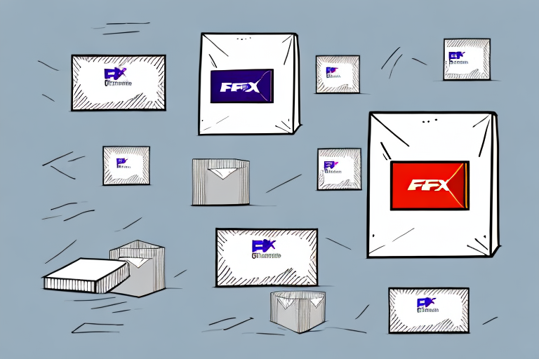 An illustration of several packages and boxes, each featuring the FFX logo in various colors and styles. The background is light gray, highlighting the diverse designs—perhaps a nod to FedEx One Rate as a better option for predictable shipping costs.
