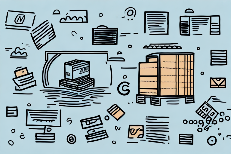 A stylized illustration of various business and finance elements, including stacks of papers, briefcases, and file boxes. The background is light blue with scattered icons symbolizing online communication and shipping rates, reminiscent of a bustling UPS Store.
