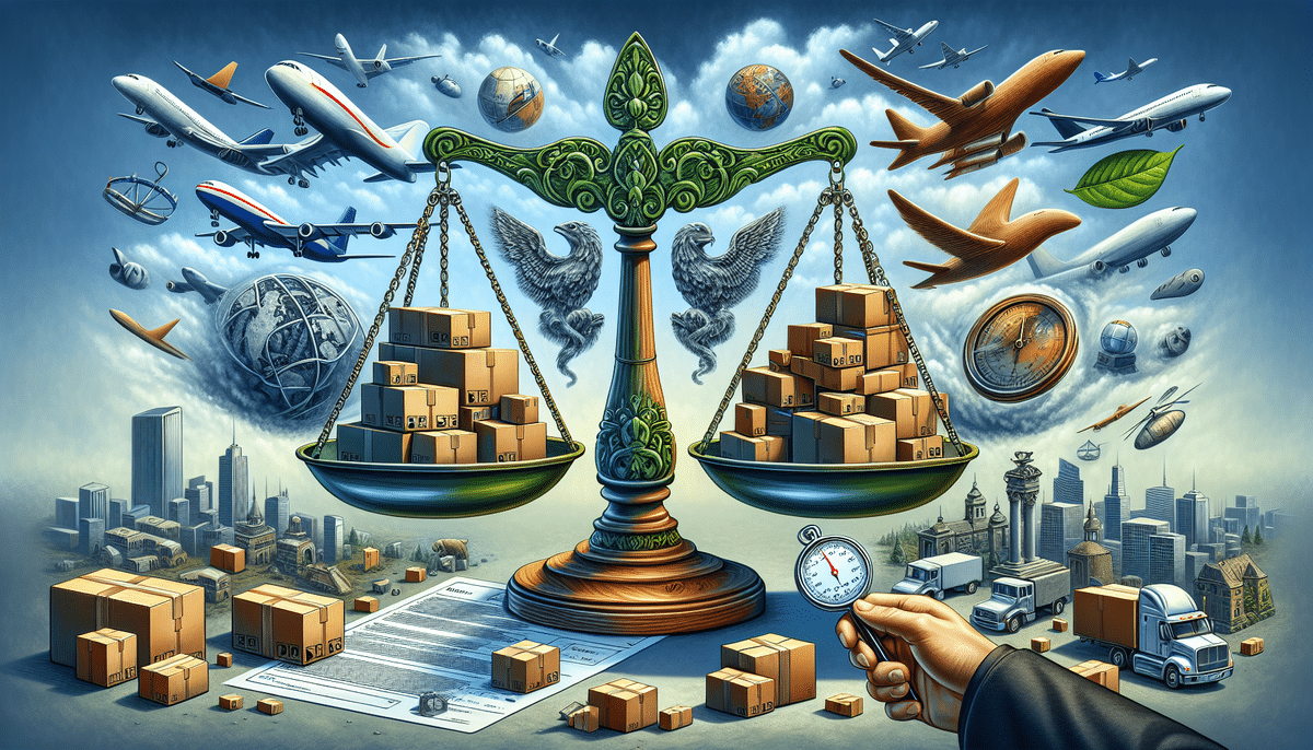 An intricate illustration of a balance scale with boxes on each side, surrounded by transportation symbols like planes, ships, and trucks. A person holds a stopwatch in the foreground, symbolizing the logistics industry and highlighting competitive shipping rates offered by FedEx.
