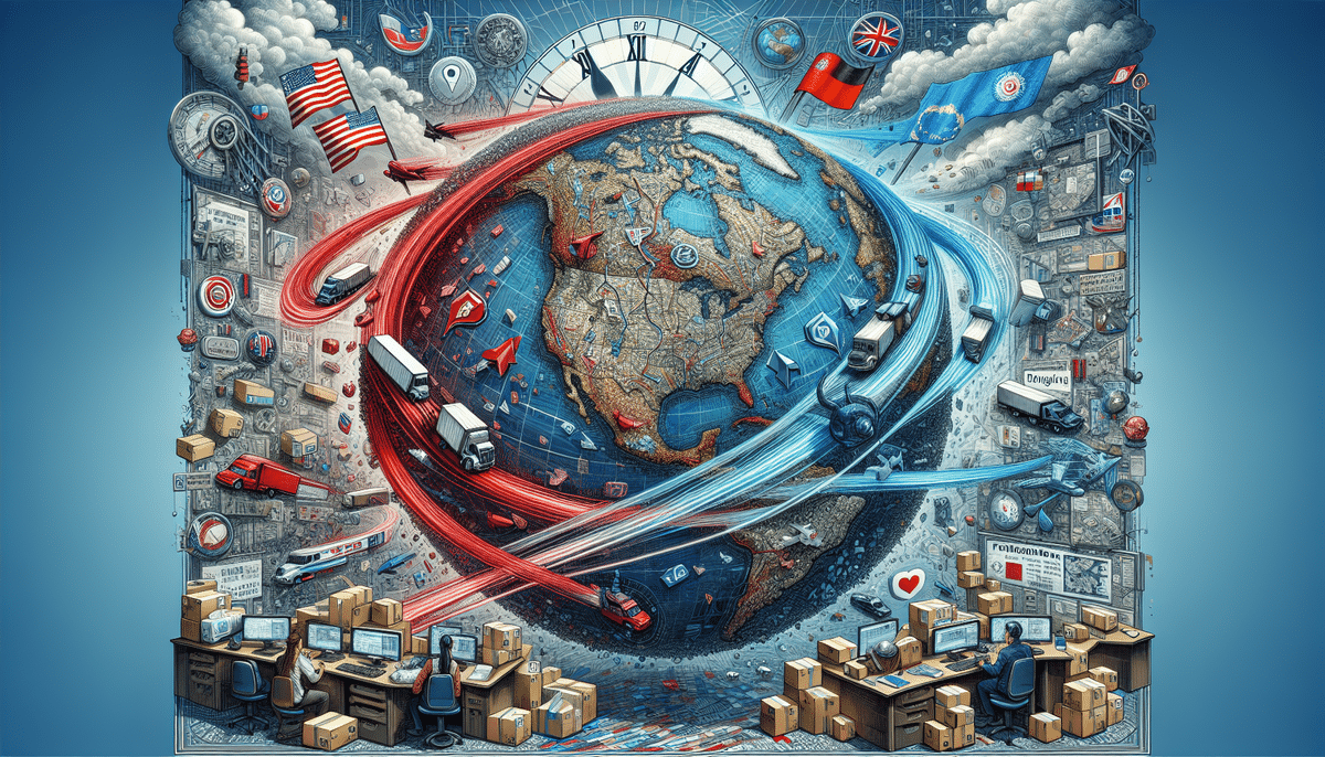 In this stylized illustration, a globe surrounded by swirling arrows symbolizes global trade. Elements like trucks, flags, clocks, and computers highlight connectivity and international logistics with the reliability of FedEx ensuring seamless delivery across borders.