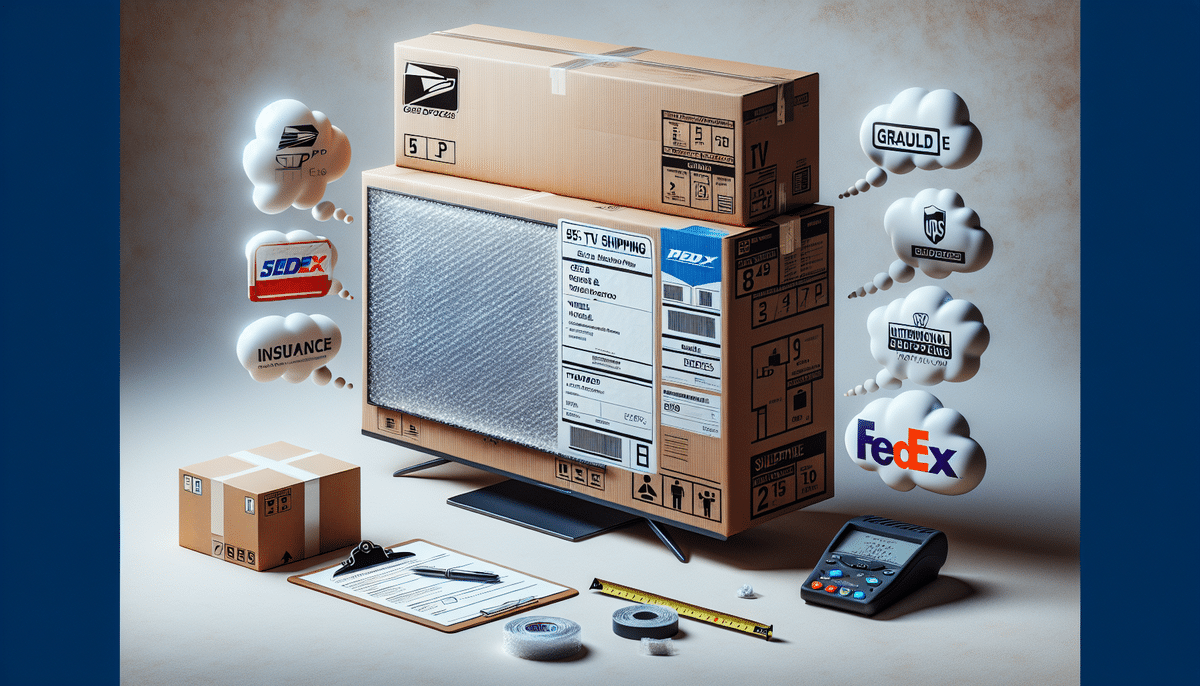 A well-packaged flat-screen TV is surrounded by shipping boxes adorned with UPS and USPS stickers, showcasing the logos of various courier services. Nearby are a clipboard, measuring tape, and digital device, suggesting thorough preparation and consideration of TV shipping rates.