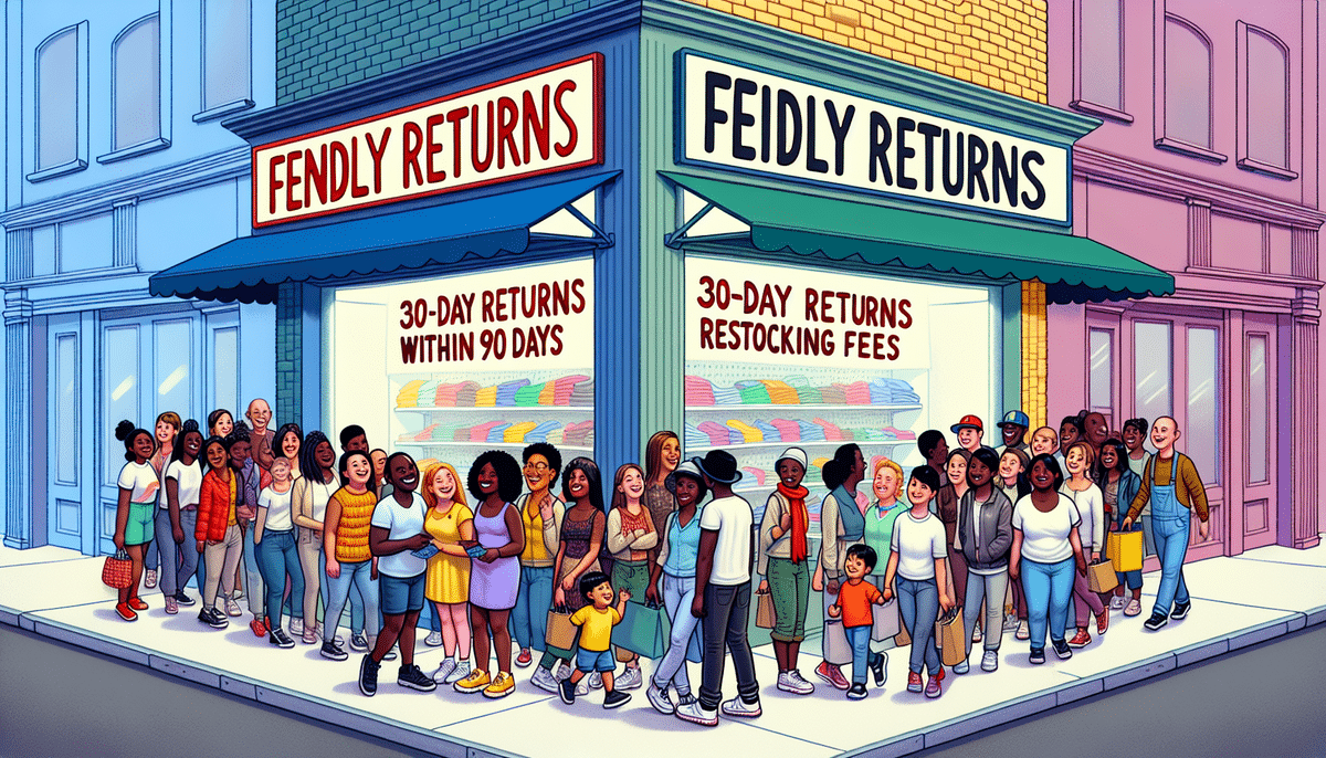 A diverse crowd stands in line at two store counters, one labeled Fendly Returns: 30-Day Returns Within 90 Days, the other Feidly Returns: 30-Day Returns Restocking Fees. The lines stretch into the street, highlighting customer dissatisfaction with the comparison of return policies and their pros and cons.