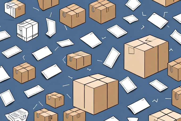 Illustration of various-sized cardboard boxes and sheets of paper floating on a blue background, comparing the dynamic patterns found in ground shipping environments like UPS 3 Day Select.