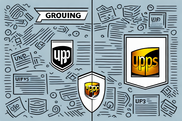 Illustration split into two halves. Left side shows GROUING with three shield logos featuring upp, surrounded by abstract papers and graphics. Right side highlights a larger gold and black shield logo with UPS 3 Day Select, also surrounded by abstract designs, hinting at expedited shipping services.