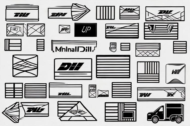 Illustration of various stylized mail and package icons featuring a FedEx delivery truck. The design showcases abstract postal elements like envelopes, boxes, and arrows, incorporating a dynamic mix of stripes and logos.