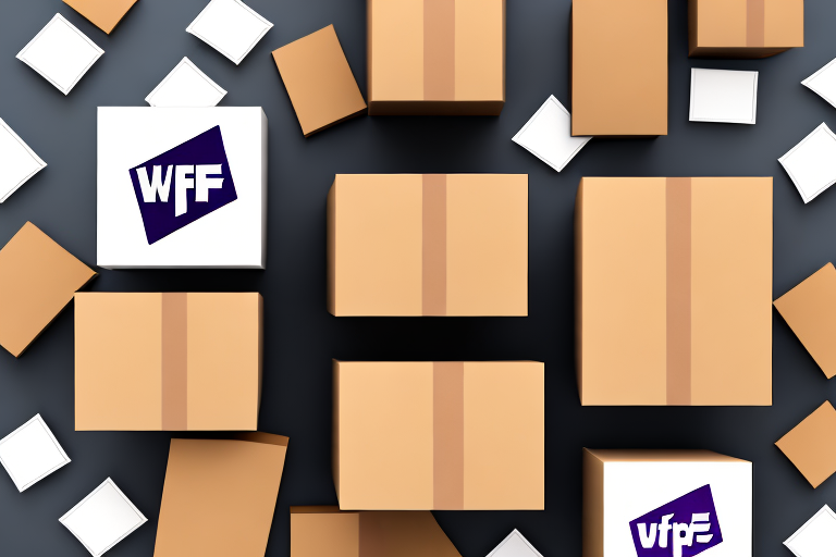 A neatly arranged collection of brown cardboard boxes with tape, some featuring the WFF logo, evokes the organized efficiency of a top-tier shipping service. Smaller white boxes are interspersed among the larger ones, all placed on a sleek dark surface.