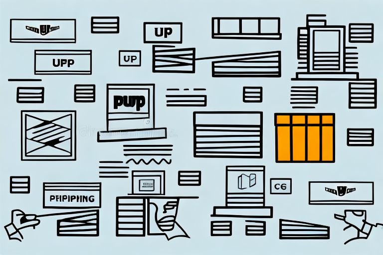 A graphic featuring abstract designs with rectangles, lines, and text elements in black, orange, and gray on a light blue background. Some text reads UPP, UP, PUP, PFIPPING, and C6. Two hands symbolize interaction with elements like choosing a better option for economy shipping.